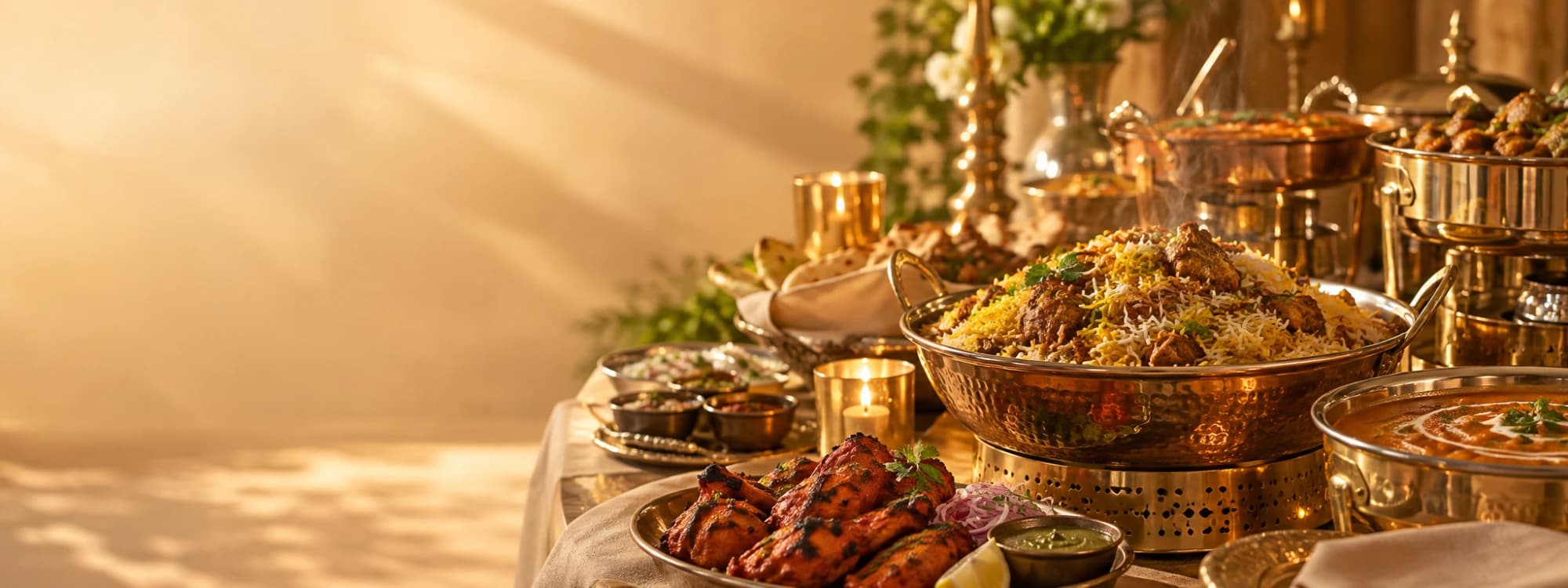 Catering spread of biryani, curries and tandoor served from copper vessels